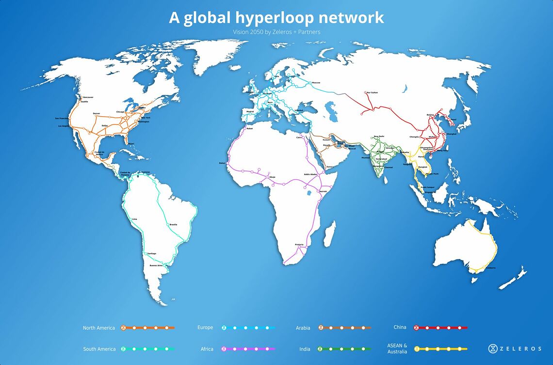 So stellt sich Zeleros ein weltweites Hyperloop-Netz vor.